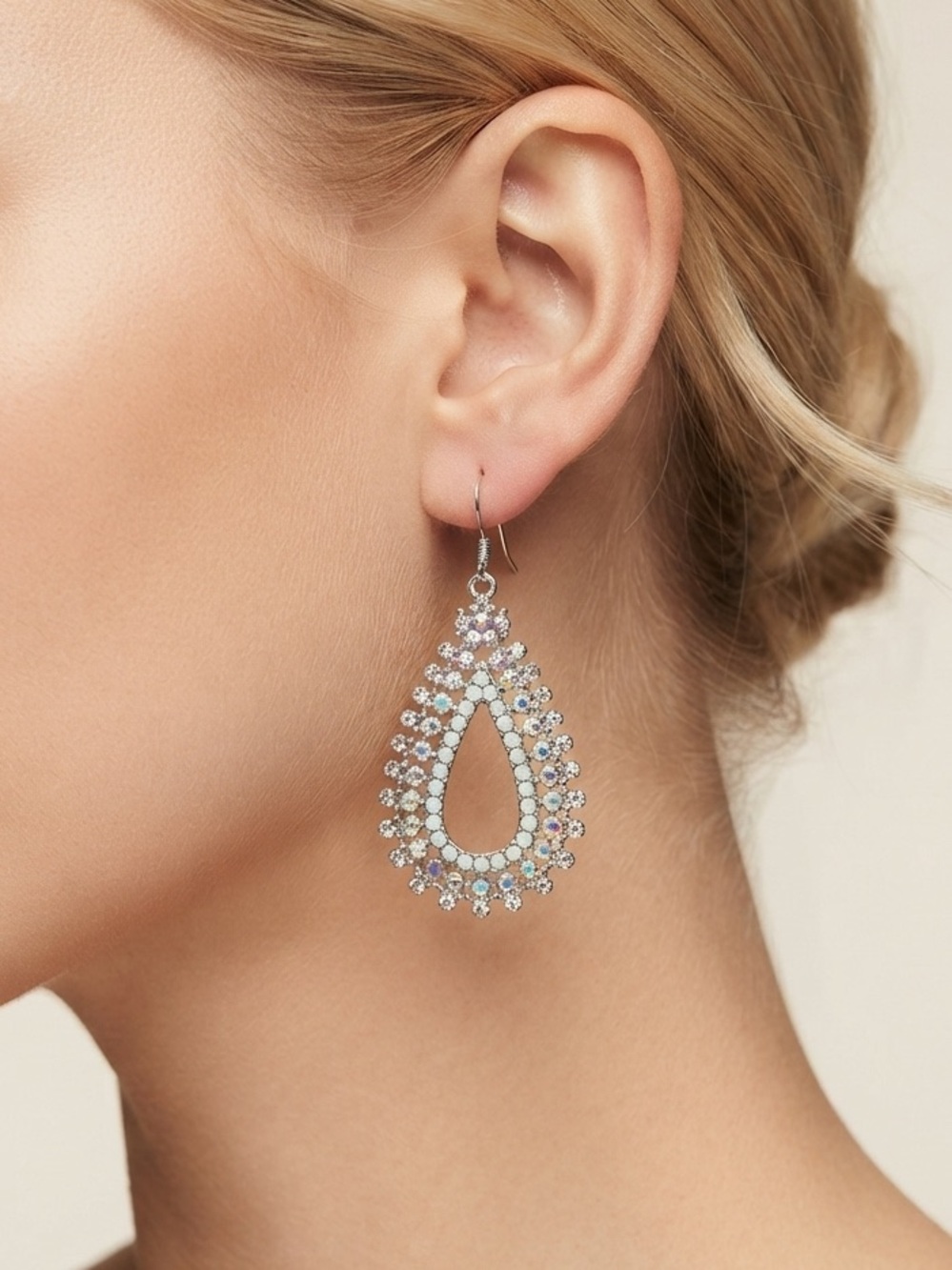 Iridescent Teardrop Rhinestone Earrings | AB Crystal Fishhook Dangle Earrings